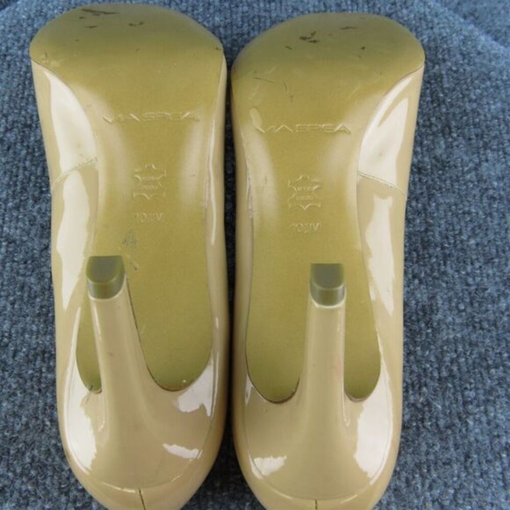Via Spiga Women Peep Toe Heel Shoes‎ Beige Patent Leather Size 10.5 Medium - Picture 8 of 9